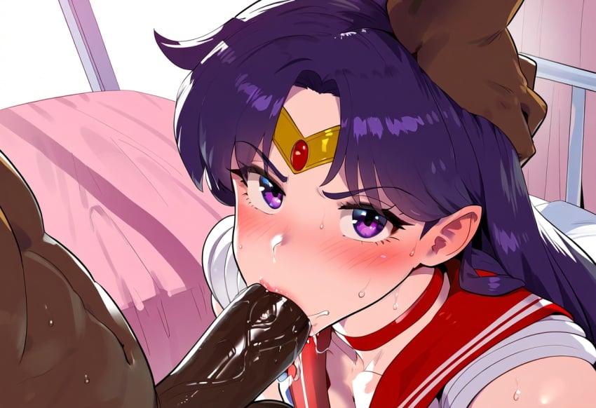 1boy 1girls ai_generated bishoujo_senshi_sailor_moon blonde_hair blush clothing dark-skinned_male ded_173 fellatio green_eyes huge_cock interracial purple_eyes purple_hair sailor_mars uncensored