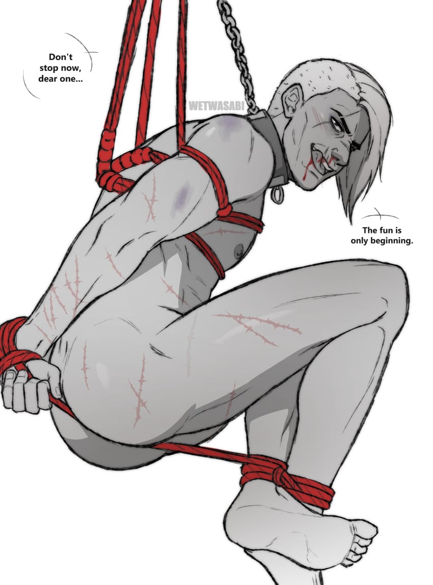 1boy abdirak ass baldur's_gate baldur's_gate_3 bondage male_only masochism masochist rope rope_bondage rope_harness sadism sex_swing shibari_bondage solo_male wetwasabi