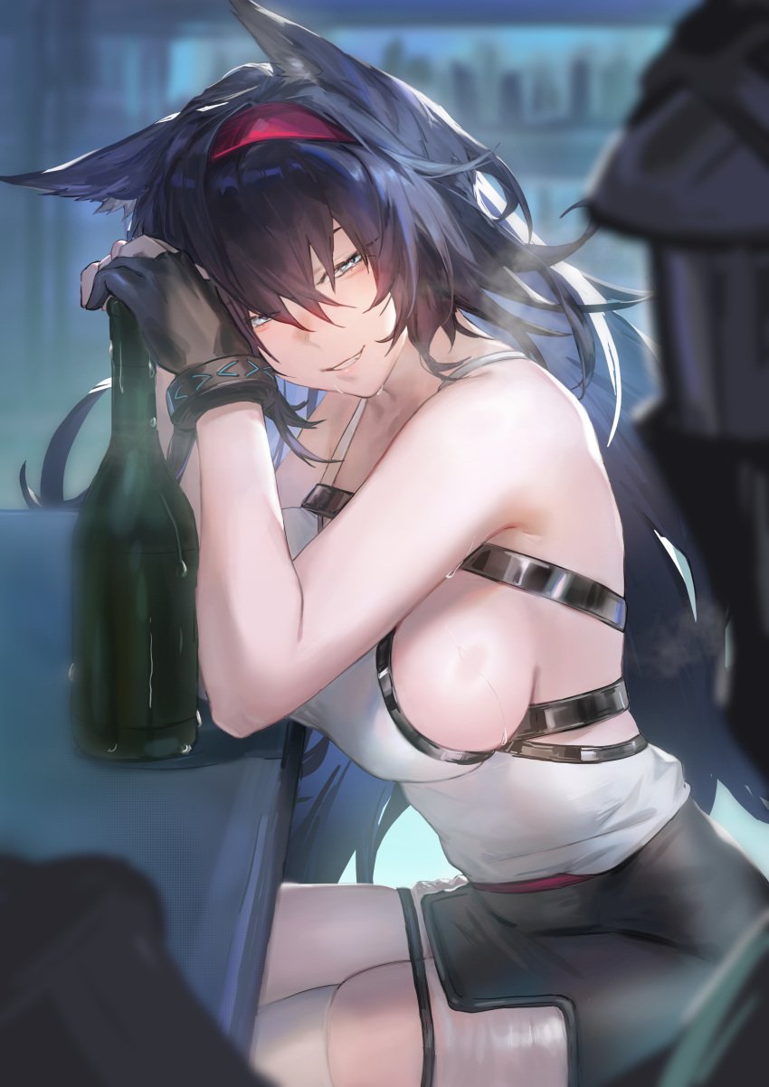 2024 animal_ears arknights big_breasts black_gloves black_hair black_skirt blaze_(arknights) blue_eyes bottle breasts cat_ears cat_girl doctor_(arknights) female female_only gloves hi_res indoors infection_monitor_(arknights) large_breasts long_hair looking_at_another looking_to_the_side shirt sideboob sitting skirt smile solo solo_female solo_focus very_long_hair white_shirt xiaoye_eago