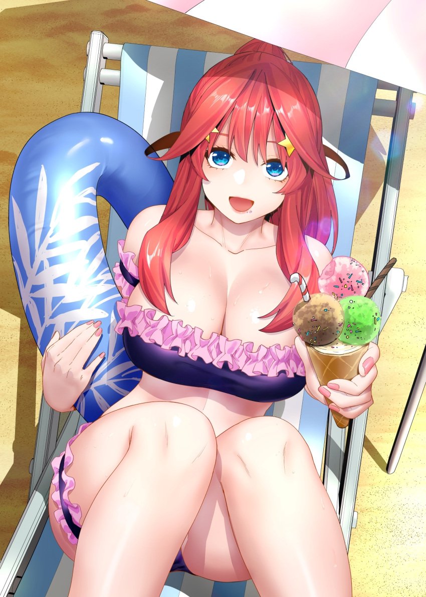 arm_strap bandeau bare_arms bare_belly bare_legs bare_shoulders bare_thighs beach beach_chair big_breasts bikini blue_eyes blush breasts cleavage collarbone frilled_bikini go-toubun_no_hanayome hair_ornament ice_cream ice_cream_on_face kosmos_beta long_hair nail_polish nakano_itsuki on_chair open_mouth outdoors pink_nail pink_nails ponytail red_hair shiny_skin sitting smile strapless_bikini swim_ring thigh_strap thighs