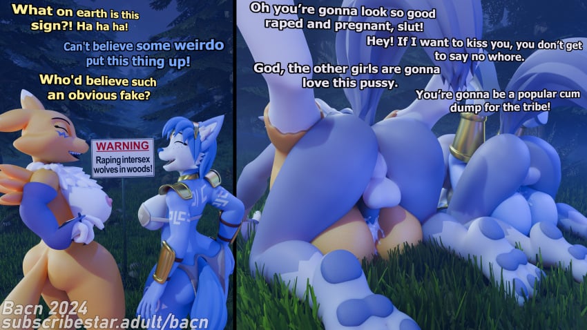 16:9 2024 3d_(artwork) 4k absurd_res anthro areola ass bacn balls bandai_namco big_breasts blue_body blue_hair bodily_fluids breasts canid canine canis claws clothed clothing comic cum cum_in_pussy cum_inside detailed_background dialogue digimon digimon_(species) digital_media_(artwork) english_text erection female female_penetrated forced forest fox fur genital_fluids genitals group group_sex gynomorph gynomorph/female hair hi_res humanoid_genitalia humanoid_penis impregnation_attempt instant_loss_2koma intersex intersex/female intersex_penetrating krystal krystal_(star_fox) mammal nintendo nipples nude open_mouth outside outside_sex penetration penile penis plant pussy rape renamon renamon_(bacn) sex smile star_fox tail text tree white_body white_fur widescreen wolf yellow_body