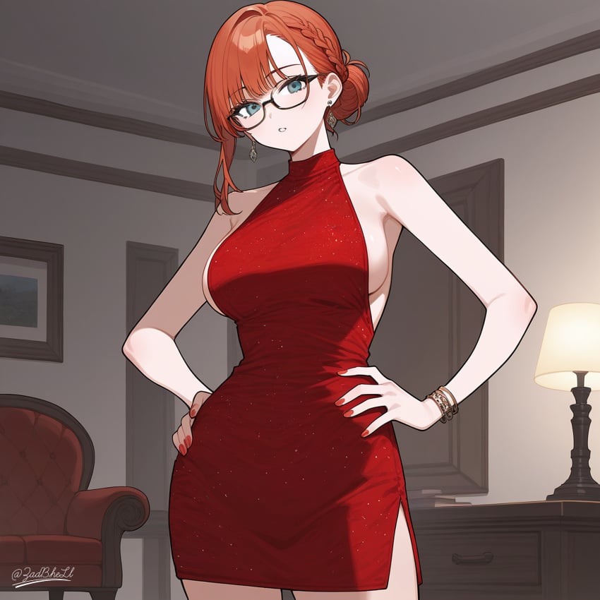 1girls ai_generated blue_eyes breasts dress earrings female glasses hands_on_hips looking_at_viewer pale-skinned_female pale_skin pussy red_dress red_hair red_nails room sideboob solo standing thong wife zadbhell