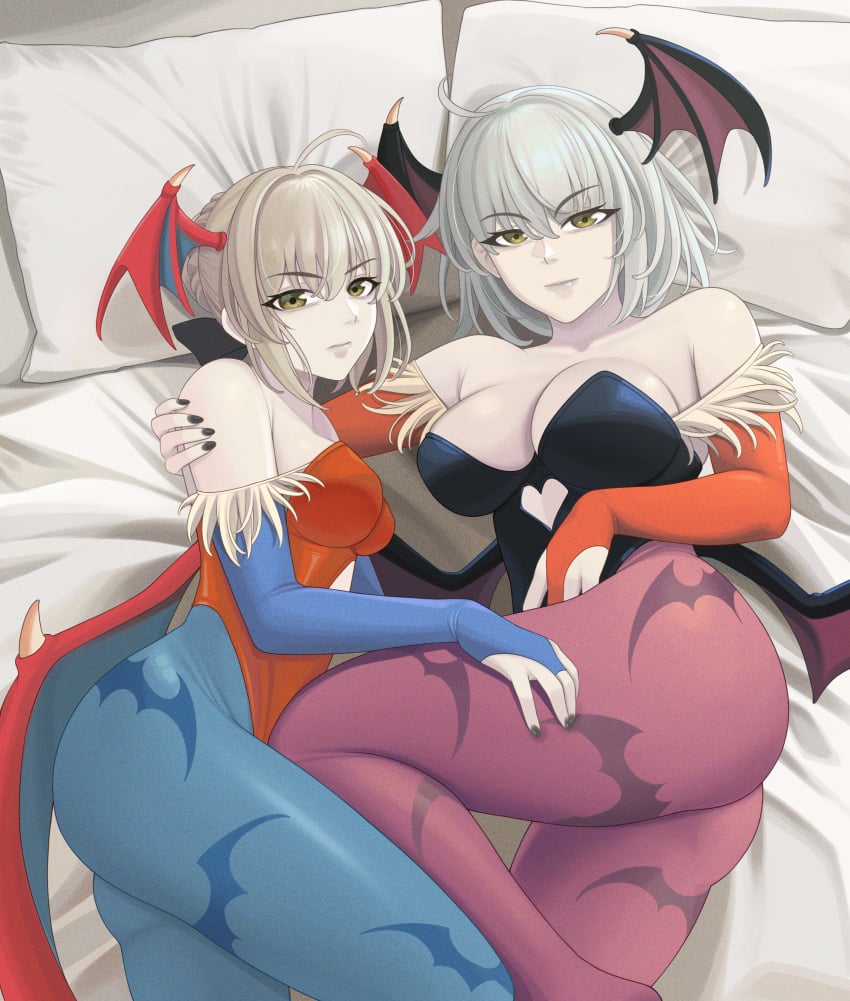 2girls artoria_pendragon artoria_pendragon_(alter) ass big_breasts blonde_hair breasts cosplay darkstalkers fate/grand_order fate_(series) female female_only huge_breasts jeanne_alter jeanne_d'arc_(fate) large_breasts lilith_aensland_(cosplay) morrigan_aensland_(cosplay) multiple_girls quatthro white_hair yellow_eyes