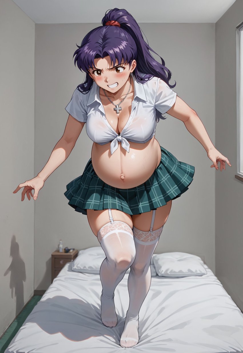 ai_generated big_belly big_breasts cleavage misato_katsuragi neon_genesis_evangelion pregnancy pregnant pregnant_belly ready_to_pop school_uniform