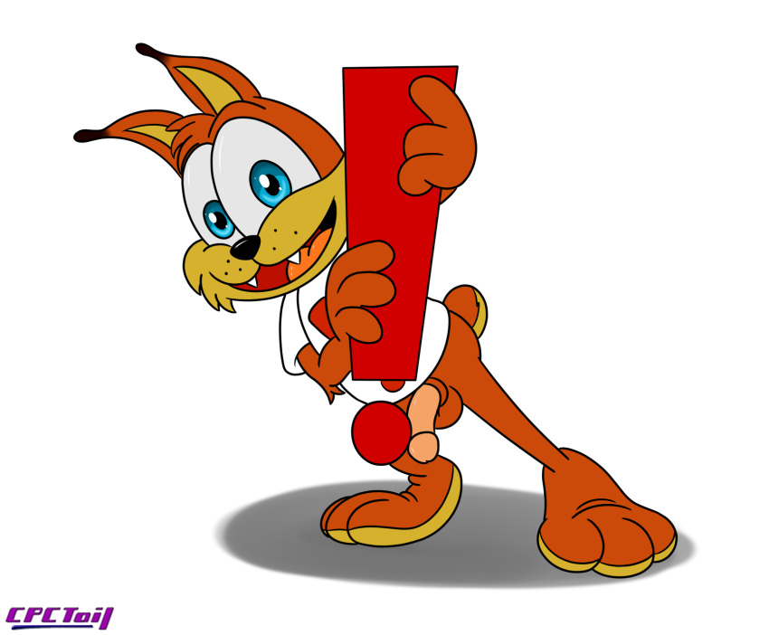 ! 2015 anthro balls blue_eyes bottomless brown_fur bubsy clothed clothing cpctail feline fur half-dressed hi_res leaning looking_at_viewer lynx male male_only mammal open_mouth penis simple_background smile standing teeth tongue white_background white_sclera