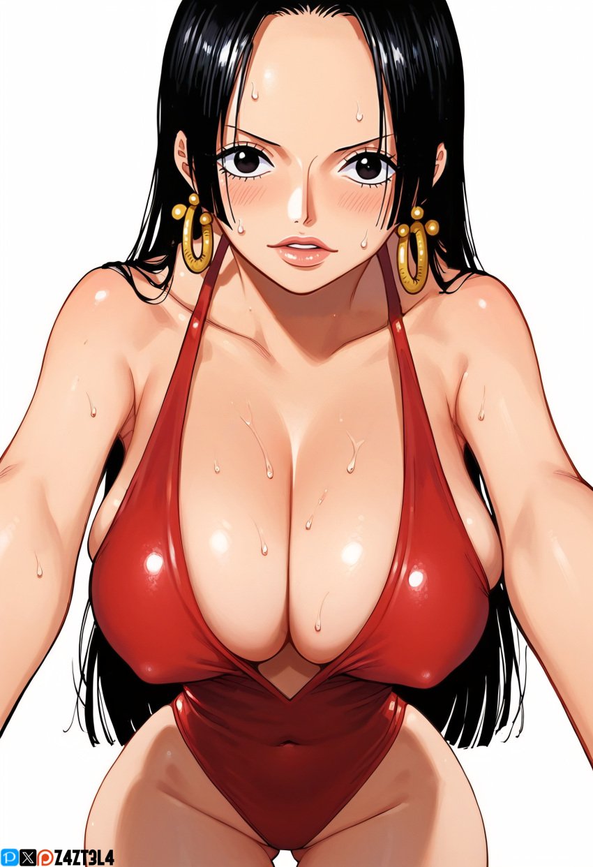 _(one_piece) ai_generated alluring almost_naked almost_nude ass big big_breasts black_eyes black_hair blush boa_hancock breasts earring earrings female female_only long_hair looking_at_viewer one_piece red_swimsuit swimsuit z4zt3l4