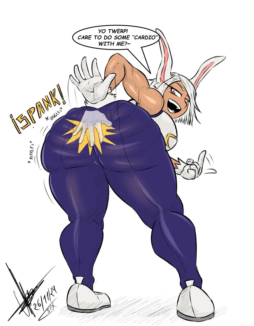 1girls ass ass_slap bent_over big_ass bubble_butt clothing dark-skinned_female dark_skin dat_ass dialogue fat_ass female female_only huge_ass inviting large_ass looking_at_viewer looking_back miruko my_hero_academia png rippling_ass rumi_usagiyama sixpathoffriendship slapping_ass slapping_own_ass smile solo talking_to_viewer text thick_ass thick_thighs white_hair wide_hips