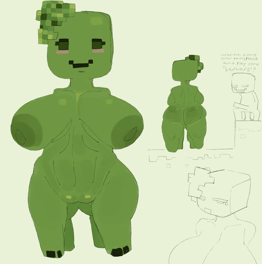 4_legs absurd_res areola armless ass big_breasts big_butt breasts breasts_apart creeper_(minecraft) english_text female green_body green_nipples hi_res huge_breasts humanoid microsoft minecraft mojang nipples smile solo tboxart text xbox_game_studios