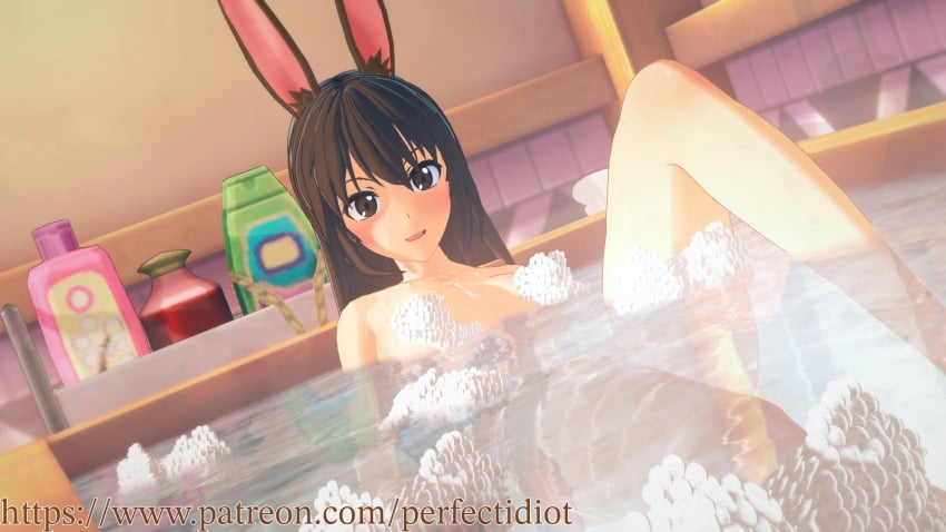 bath bathing brown_eyes brown_hair bubble_bath bubbles convenient_censoring flushed_face koikatsu naked naked_female one_girl perfect_idiot rabbit_ears rabbit_girl rwby smiling_at_viewer velvet_scarlatina