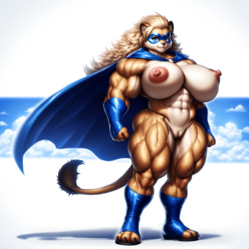 1anthro 1female 3_toes 4_fingers abs ai_generated anthro anthro_female anthro_only biceps blonde_hair bodybuilder breasts broad_shoulders calves cape confident confidently_naked deltoids female female_only fingerless_gloves hero heroine huge_breasts huge_muscles huge_thighs latex_footwear latex_gloves lion long_hair looking_at_viewer mask muscle muscle_tone muscular muscular_abs muscular_arms muscular_ass muscular_female muscular_legs muscular_shoulders muscular_thighs nai_diffusion naked naked_female nipples nude nude_female pecs presenting_body puffy_nipples pussy shameless sharp_claws solo standing strong strong_woman superhero superheroine theblockhead toeless_footwear veins veiny veiny_muscles