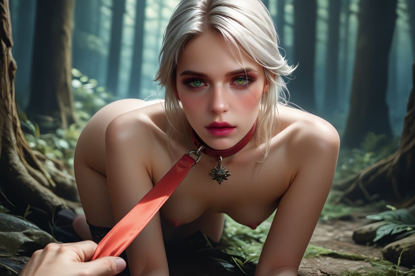 ai_generated breasts ciri completely_nude cunningstuntda dog_leash female forest green_eyes leash_and_collar light-skinned_female light-skinned_male looking_at_viewer male nipples nude outdoors the_witcher_(series) the_witcher_3:_wild_hunt white_hair