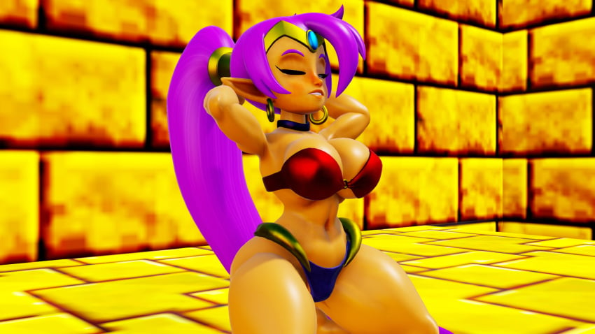 1girls 3d armpits arms_behind_head bandeau big_breasts blue_eyes cleavage closed_eyes dark-skinned_female female female_only hi_res large_breasts legs long_hair midriff navel parted_lips pose posing purple_hair seductive seductive_smile sensual sexy_armpits shantae shantae_(character) sideboob solo thick_thighs thighs thong toned voluptuous