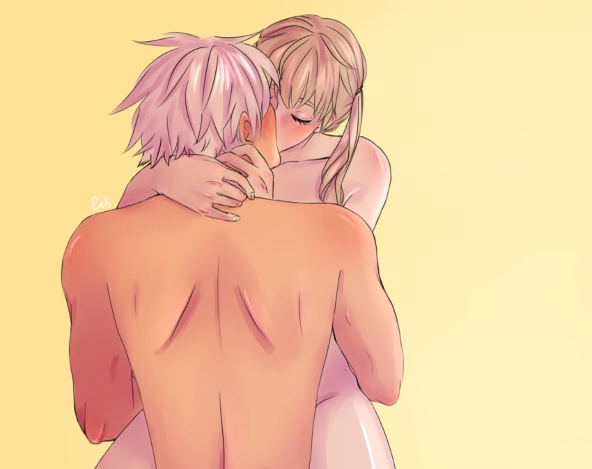 1boy 1boy1girl 1girls arms_around_neck arms_around_partner artist_name between_legs blonde_hair blush closed_eyes color completely_nude couple ear_blush embrace kissing lighting long_hair maka_albarn nsfweis painted_nails romantic romantic_couple sitting soul_eater soul_eater_evans standing straddling straight tied_hair toned toned_male twintails unseen_male_face watermark white_hair wholesome yellow_background