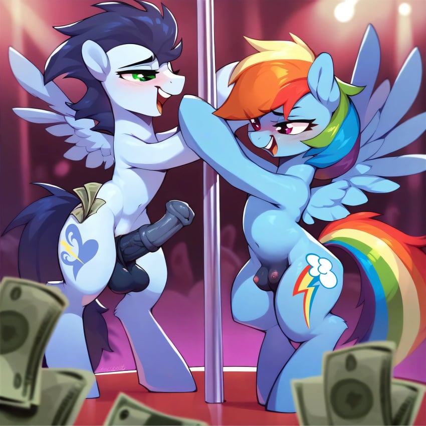 ai_generated balls crotchboobs dancing equine erection horsecock money my_little_pony nipples pole_dancing pony rainbow_dash_(mlp) smile soarin_(mlp) spread_wings