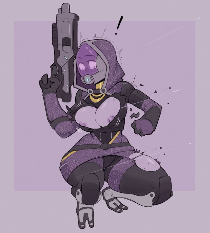 alien demidoggo exposed_breasts gunfire large_breasts mask mass_effect suprised tali&#039;zorah_nar_rayya thick_thighs torn_clothes visor