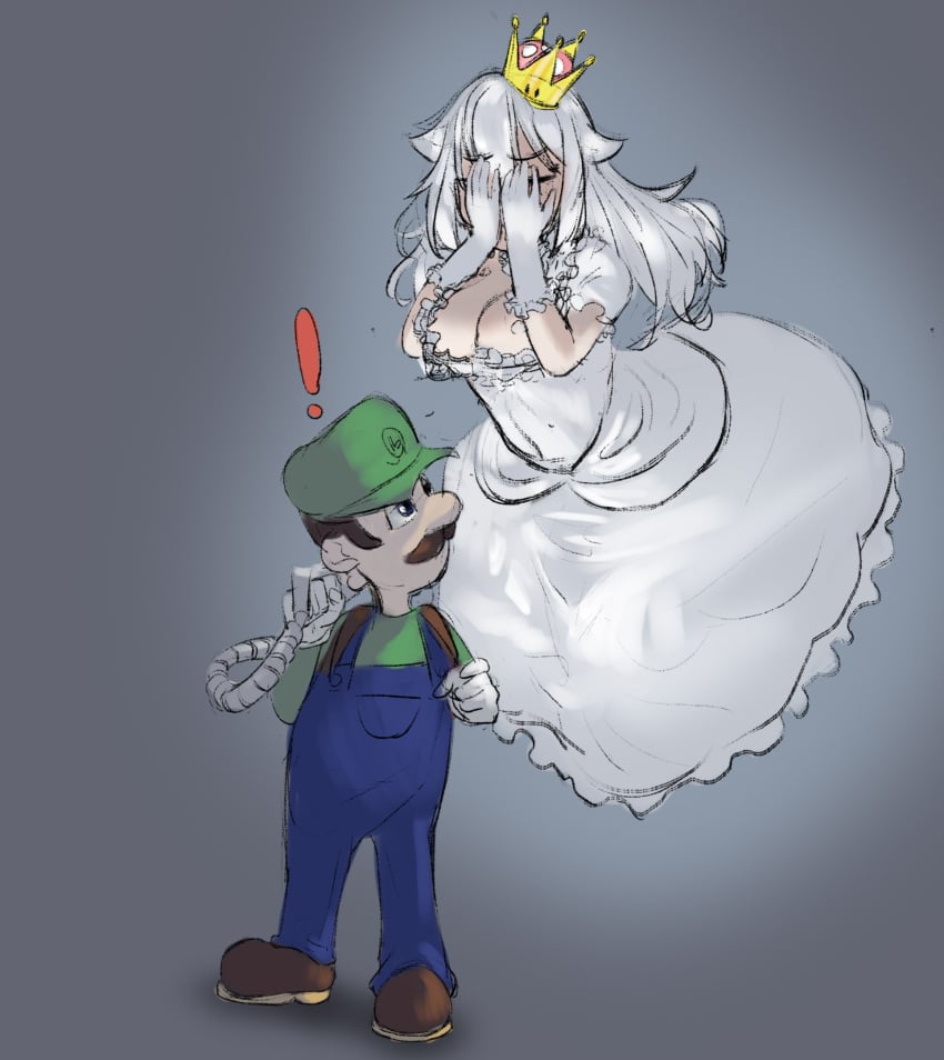 ! 1boy 1girls blue_overalls boosette breasts cleavage clothing covering_eyes crown dress duo facial_hair female floating ghost ghost_girl gijun gloves green_hat green_shirt humanoid looking_around luigi luigi's_mansion male mario_(series) moustache nintendo straight turning_around voluptuous voluptuous_female white_dress white_gloves white_hair