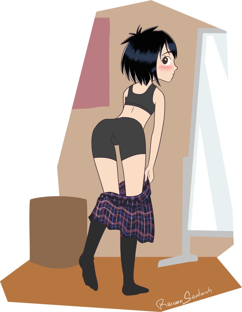 1girls black_hair black_socks brown_hair female female_only female_solo looking_back marvel one_female only_female peni_parker raccoonsandwich short_hair shorts skirt socks solo solo_female solo_only sports_bra sportswear undressing