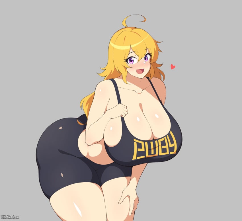 1girl ass big_ass big_breasts black_tank_top blonde_hair blush breasts bubble_butt cleavage dat_ass dumptruck_ass fat_ass female female_only large_ass large_breasts leaning_forward long_hair looking_at_viewer midriff midriff_baring_shirt notkadraw open_mouth pale-skinned_female pale_skin purple_eyes rwby shorts smile spankable_ass tank_top teenage_girl teenager thick_thighs voluptuous yang_xiao_long