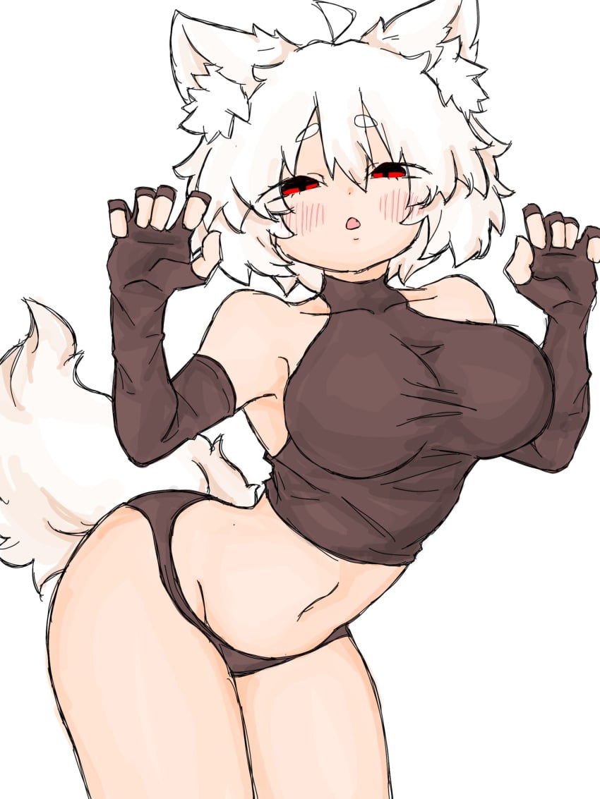 arched_back black_panties black_shirt blush breast_focus fumomono6500 large_breasts looking_at_viewer momiji_inubashiri presenting red_eyes shirt tail thick_thighs white_hair