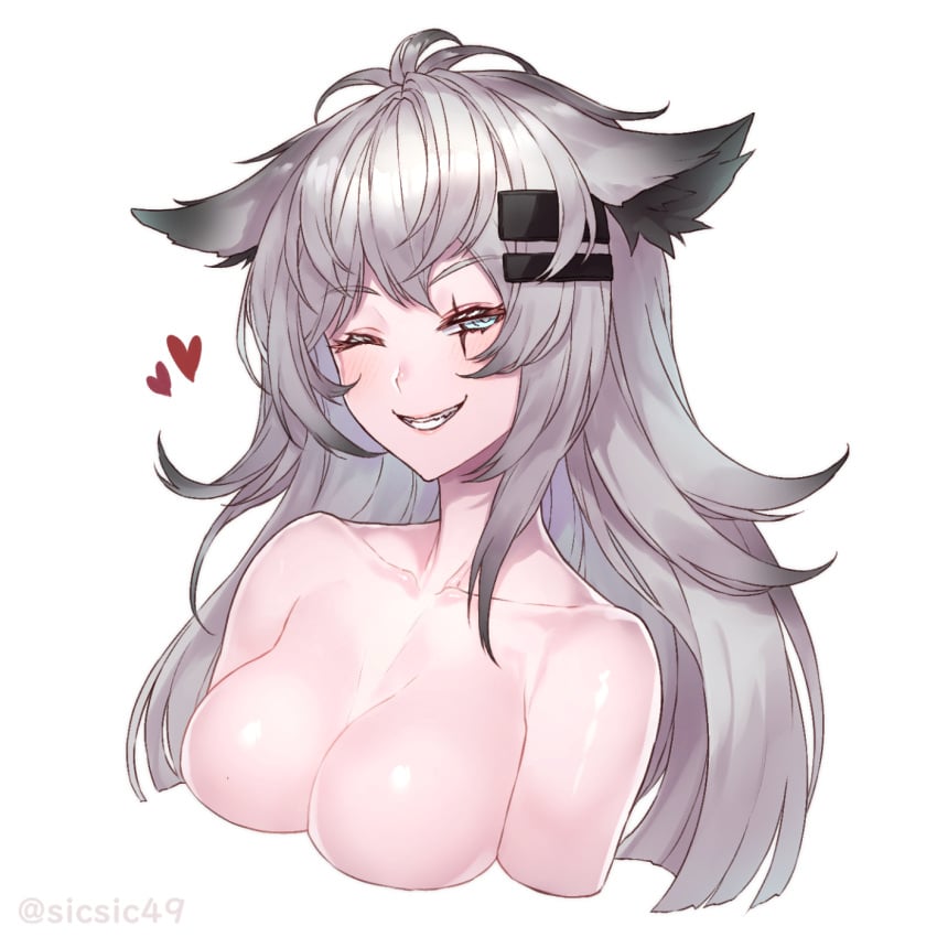 1girls 2024 ;d animal_ears aqua_eyes arknights big_breasts blush breasts cleavage collarbone cropped_torso cute female grey_hair grin hair_ornament hairclip heart hi_res lappland_(arknights) large_breasts long_hair looking_at_viewer one_eye_closed scar scar_across_eye sicsic49 simple_background smile solo topless twitter_username white_background wink wolf_ears wolf_girl