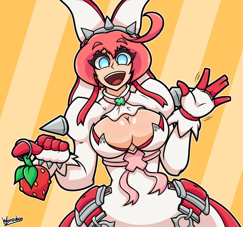 1girls big_breasts blue_eyes breasts elphelt_valentine female gloves guilty_gear large_breasts open_mouth pink_hair short_hair smile solo wedding_dress wide_hips wonsubon