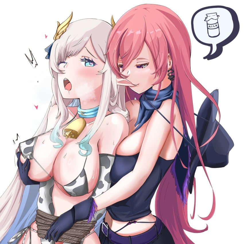 2girls black_gloves blue_eye breast_grab breasts cow_print cowbell cowboy_hat cowgirl duo female female_only femdom femsub finest_rakuyo gloves hat hikanari_hina huge_breasts light-skinned_female light_skin one_eye_closed open_mouth phase_connect phase_euphoria pink_hair pointy_ears purple_eyes restrained runie_ruse simple_background white_background white_hair yuri