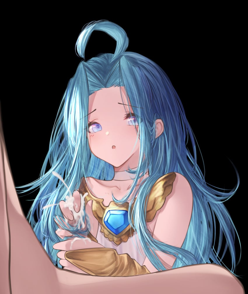 1boy absurdres ahoge betabeet black_background blue_eyes blue_hair blush bridal_gauntlets censored choker clothed_female_nude_male collarbone commentary cum dress female forehead granblue_fantasy hairjob handjob highres long_hair looking_at_viewer lyria_(granblue_fantasy) nude parted_bangs parted_lips penis simple_background solo_focus straight white_choker white_dress