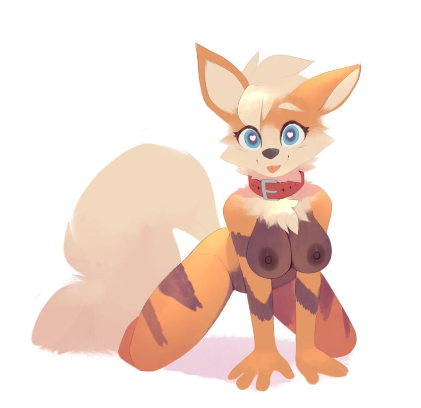 2023 arcanine b-epon blue_eyes breasts brown_fur canine collar female female_focus female_only furry heart-shaped_pupils nintendo nipples orange_fur pokémon_(species) pokemon pokemon_(species) tan_fur thighs tongue tongue_out white_background