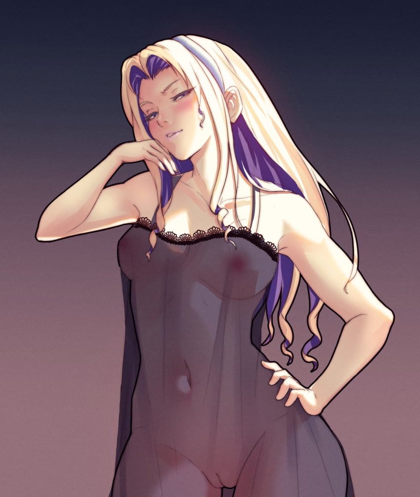 bare_arms bare_shoulders black_nightgown blonde_hair blush breasts collarbone colored_inner_hair constance_von_nuvelle dress female fire_emblem fire_emblem:_three_houses highres lingerie long_hair looking_at_viewer medium_breasts multicolored_hair nightgown nipples pomelomelon pussy see-through_clothes see-through_dress smile smug solo uncensored underwear