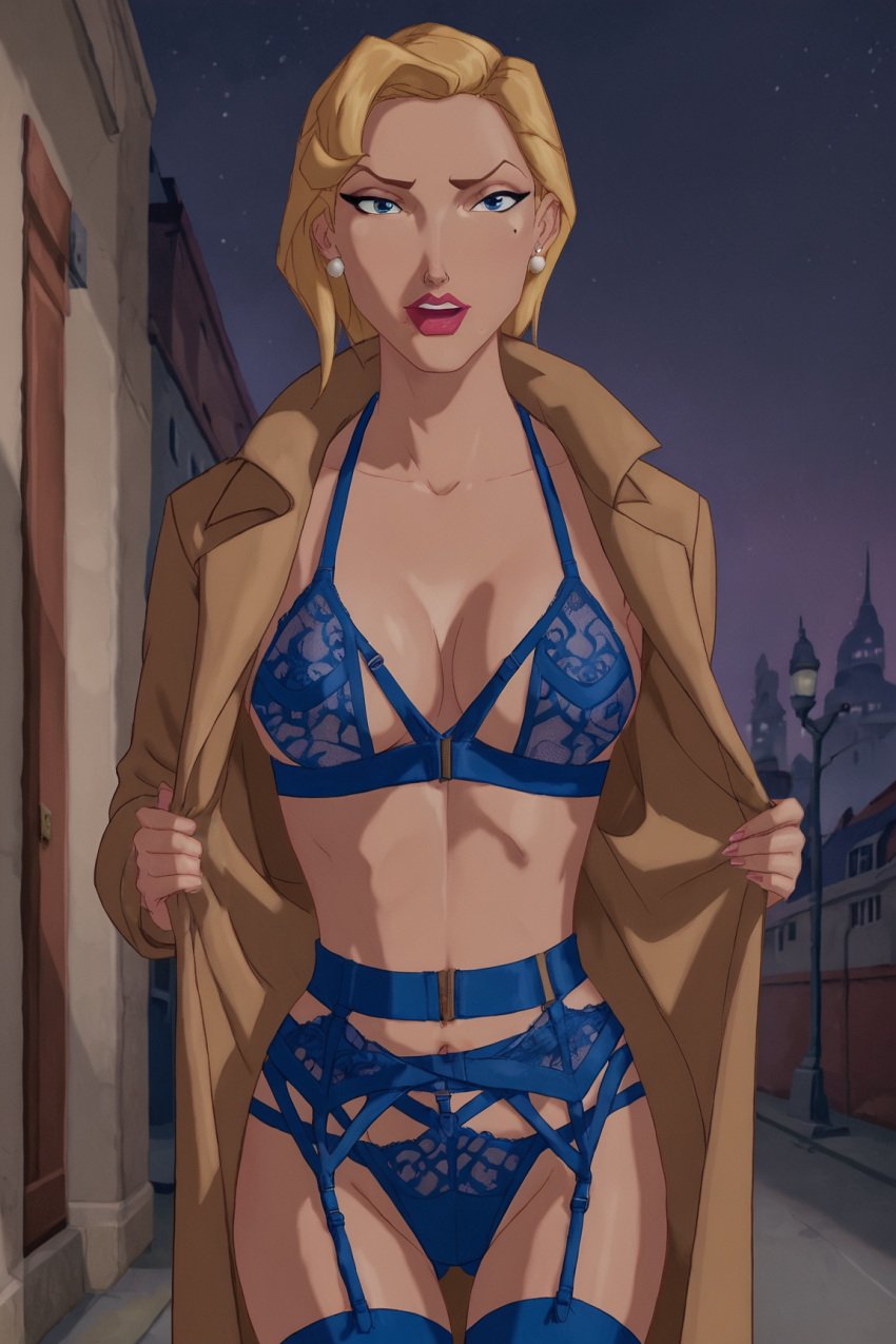 1girls ai_generated atlantis:_the_lost_empire blonde_hair blue_lingerie bra breasts cleavage disney fantasyai flashing garter_belt green_eyes helga_sinclair hi_res lingerie lips long_hair looking_at_viewer medium_breasts mole mole_under_eye navel open_coat panties presenting solo thighhighs trenchcoat underwear underwear_only