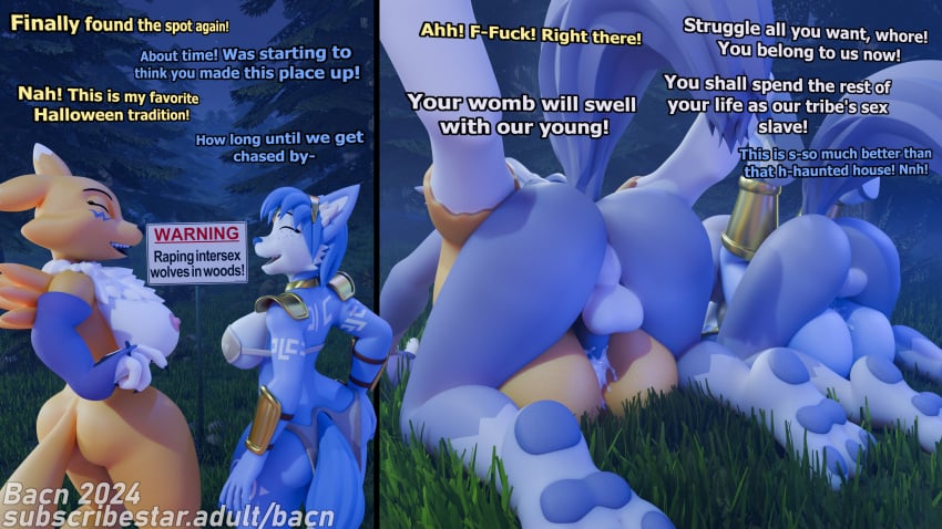 2024 3d_(artwork) absurd_res anthro areola ass bacn balls bandai_namco big_breasts blue_body blue_hair bodily_fluids breasts canid canine canis claws clothed clothing comic cum cum_in_pussy cum_inside detailed_background dialogue digimon digimon_(species) digital_media_(artwork) english_text erection female female_penetrated forest fox fur genital_fluids genitals group group_sex gynomorph gynomorph/female hair hi_res humanoid_genitalia humanoid_penis intersex intersex/female intersex_penetrating krystal krystal_(star_fox) mammal nintendo nipples nude open_mouth outside outside_sex penetration penile penis plant pussy renamon renamon_(bacn) sex smile star_fox tail text tree white_body white_fur wolf yellow_body