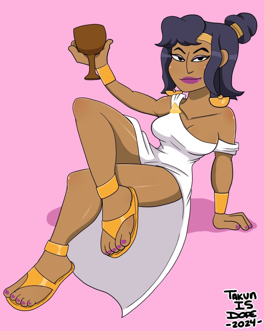 1girls brown_skin brown_skinned_female deliria_(krapopolis) dopeisnukat european_mythology feet female fox_animation_studios goddess gold_jewelry krapopolis purple_eyeshadow purple_hair purple_lipstick purple_toenail_polish purple_toenails sandals sfw toga wine_glass