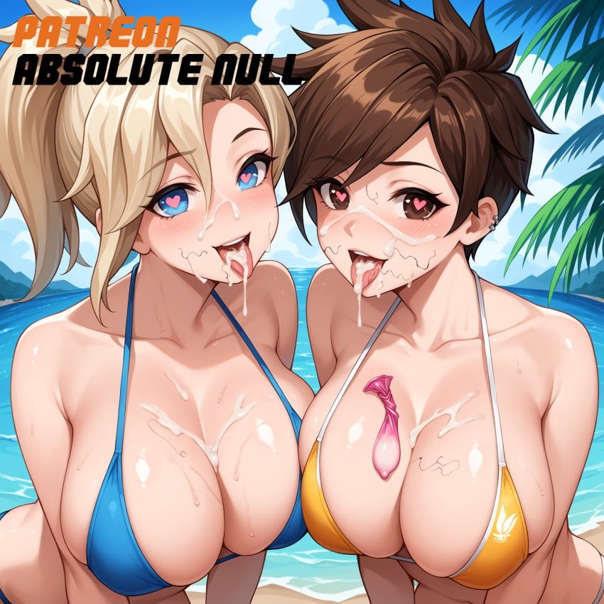 2girls absolute_null after_fellatio ai_generated beach bikini blush cum cum_in_mouth cum_on_breasts cum_on_face heart heart-shaped_pupils large_breasts looking_at_viewer mercy open_mouth overwatch pubic_hair_on_face stray_pubic_hair tongue_out tracer used_condom used_condoms