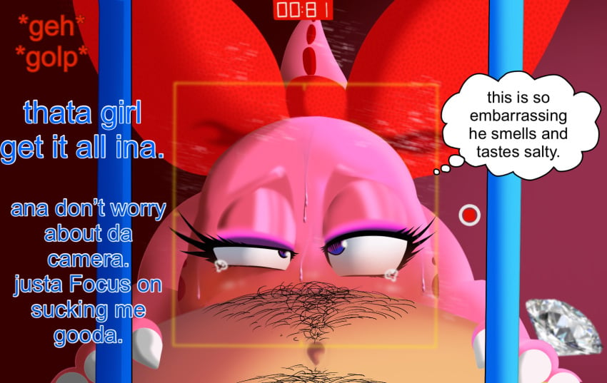 1boy 1girls birdo blackmail bodily_fluids deepthroat english_text fellatio female hi_res human humanoid male male/female mammal mario mario_(series) nintendo oral oral_penetration pantyking penetration sex straight straight_sex sweat tears text