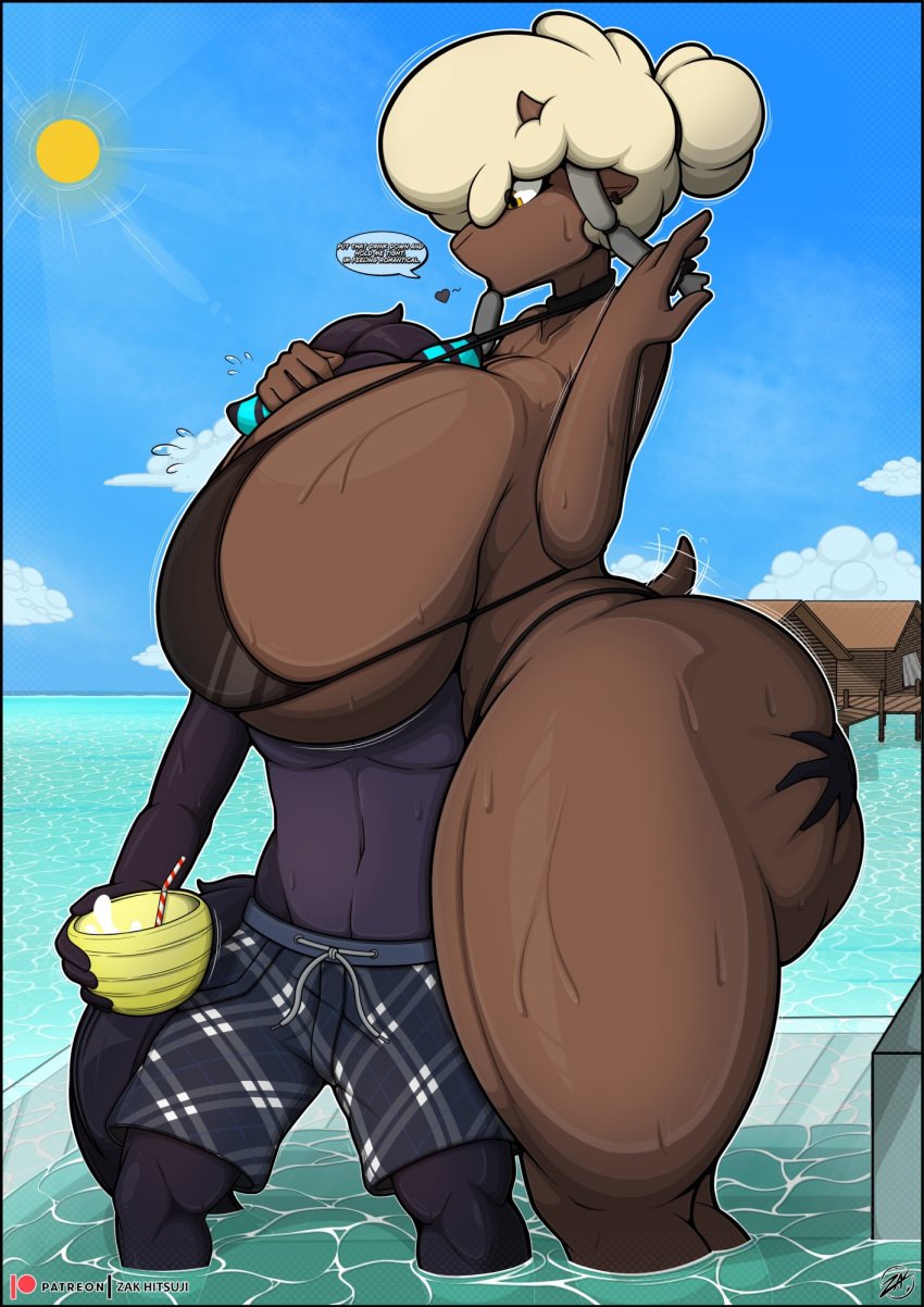 1boy1girl 2020s 2024 2d 2d_(artwork) 5_fingers anthro anthro_on_anthro anthro_only ass big_ass big_breasts big_butt big_thighs black_clothing breasts breasts_bigger_than_head butt cleavage dat_ass dialogue dolly_(jiqqy) drink earrings english english_text ewe female female_focus femdom fur furry furry_ears furry_female furry_only furry_tail gigantic_breasts goth goth_girl gothic groping groping_ass hand_on_ass head_between_breasts heart hi_res highres holding_ass horns horny huge_ass huge_breasts imminent_sex interspecies large_ass large_breasts large_butt large_thighs larger_female larger_female_smaller_male male male/female mammal nervous_sweat original outdoors panties pokemon pokemon_(species) pool puffy_hair purple_fur round_ass sheep sideboob skimpy_clothes smaller_male straight sunny swimming_trunks swimwear tail taller_female thick_thighs thighs thong twintails underwear white_hair wooloo yellow_eyes zak_(zak_hitsuji) zak_hitsuji