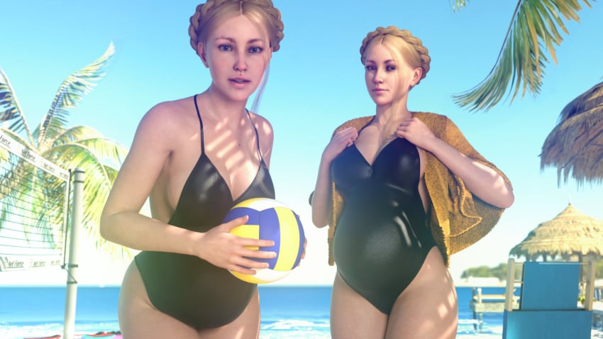 2girls 3d 3d_(artwork) 3d_model atomic_heart bare_legs bare_shoulders beach beach_ball beach_towel big_breasts bikini blonde_hair child_bearing_hips clothed crown_braid curvy curvy_female curvy_figure female_focus female_only humanoid large_breasts left_(atomic_heart) light_skin looking_at_viewer non-nude ocean one-piece_swimsuit palm_tree pregnant pregnant_belly pregnant_female ready_to_pop right_(atomic_heart) standing sunlight tagme the_twins_(atomic_heart) thick_thighs thighs voluptuous_female word2