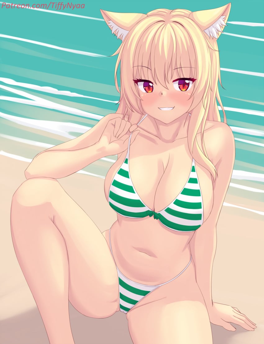 beach bikini bikini_bottom bikini_top blonde_hair cat_ears cat_tail catgirl green_clothing patreon patreon_username red_eyes tiffy tiffynyaa