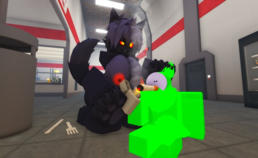 3d ambiguous_gender anthro breast cigarette female fork furry head_pat kaiju_paradise knife lighter looking_at_another nervous panther_(kaiju_paradise) pink_nipples ravenuwu roblox roblox_game robloxian self_upload slime_pup_(kaiju_paradise) tagme