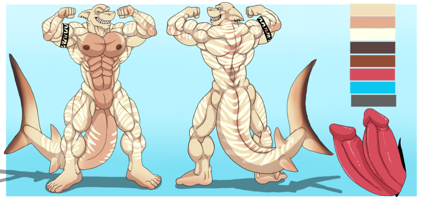 2015 anthro arody diphallia diphallism erection kain male male_only model_sheet multi_penis muscular mutant-serpentina mutant_serpentina pecs penis posing shark solo