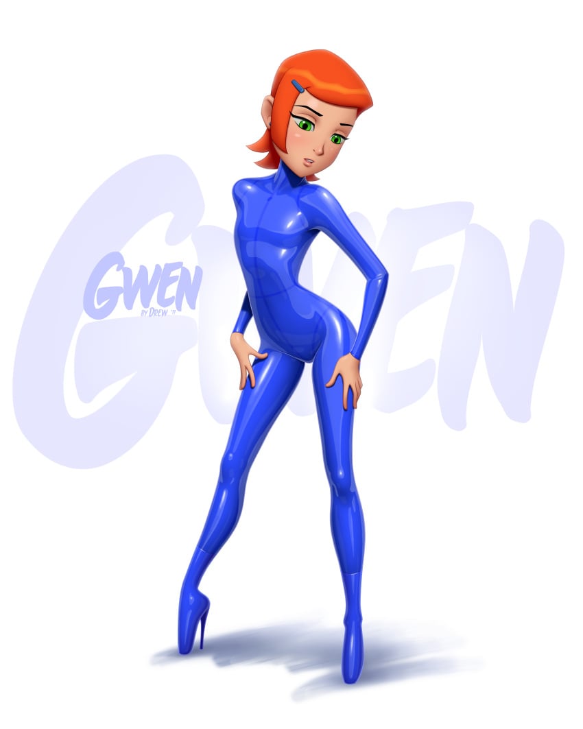 2d ballet_heels ben_10 cartoon_network catsuit character_name drew_gardner female footwear full_color ginger gwen_tennyson high_heels hips latex_suit no_penetration pinup skintight small_breasts solo solo_female tagme