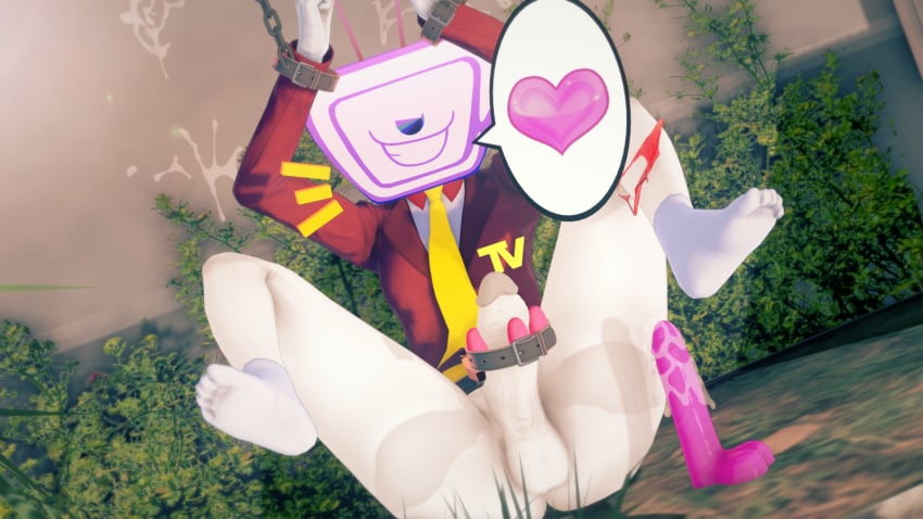 1boy 3d bondage bound_wrists chains cum deltarune deltarune_chapter_3 dildo dishie_dark egg_vibrator enjoying heart_symbol koikatsu lens_flare male male_only necktie no_pants object_head open_mouth outdoors partially_clothed penis restrained self_upload sex_toy smiling socks solo speech_bubble tenna_(deltarune) tv_head underwear_around_one_leg