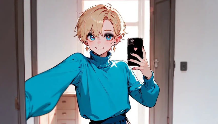 1boy 1femboy ai_generated blonde_hair earrings eyeshadow femboy selfie selfie_pose short_hair skirt turtleneck turtleneck_sweater