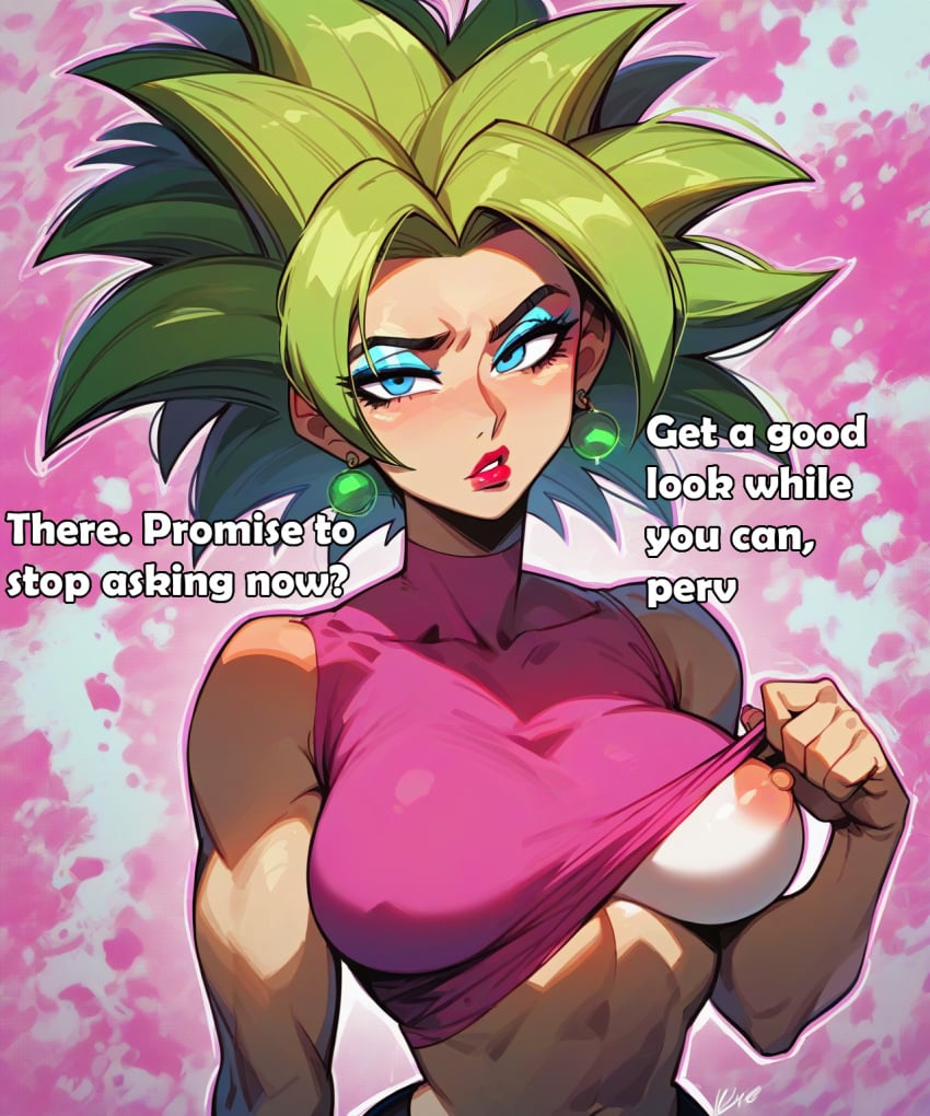 1girls ai_generated breasts caption dragon_ball dragon_ball_super dragon_ball_z female_saiyan fit_female green_hair kefla legendary_super_saiyan muscular_male nipple one_breast_out potara_earrings potara_fusion saiyan saucy_trove stable_diffusion super_saiyan tagme text tournament_of_power universe_6