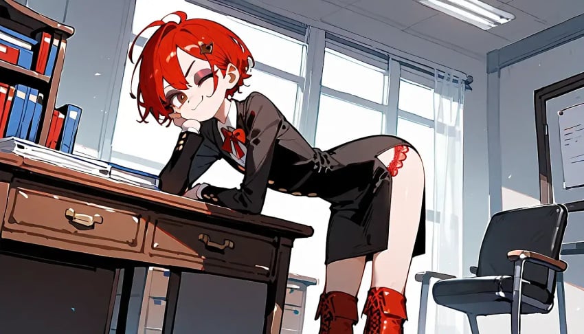 1boy 1femboy ai_generated bent_over bent_over_table blazer boots calf_boots panties panties_showing red_hair red_panties skirt skirt_slit smirk smirking smirking_at_viewer wink winking winking_at_viewer