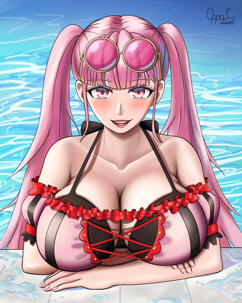 1girls alternate_costume arms_under_breasts bangs bare_arms bare_shoulders bikini breasts cleavage collarbone crossed_arms female female_only fire_emblem fire_emblem:_three_houses fire_emblem_heroes hilda_valentine_goneril hilda_valentine_goneril_(summer) large_breasts lipstick long_hair looking_at_viewer nail_polish nintendo nipples official_alternate_costume open_mouth oppal6669 outdoors pink_bikini pink_eyes pink_hair pink_nails pink_swimsuit pool red_lips red_lipstick shoulders sidelocks smile solo sunglasses sunglasses_on_head swimsuit twintails upper_body very_long_hair water wet