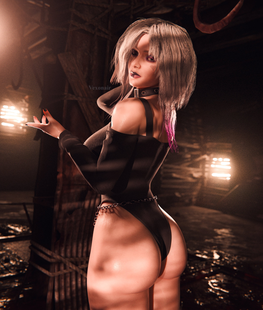 alternate_costume alternate_hairstyle behaviour_interactive black_nails black_outfit chains choker dbd dead_by_daylight goth goth_girl heart_tattoo hi_res highres huge_ass leotard lipstick looking_at_viewer makeup pawg pink_highlights sable_ward solo vexonair white_hair