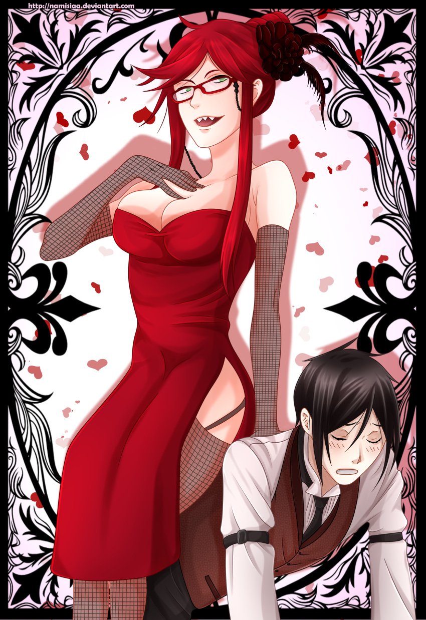 1boy 1girls big_breasts black_butler clothed clothed_female genderswap_(mtf) glasses grell_sutcliff kuroshitsuji namisiaa rule_63 sebastian_michaelis sitting_on_person