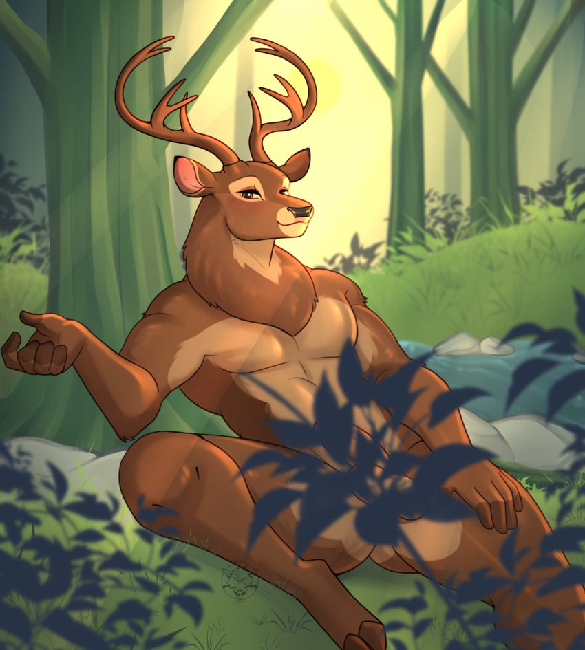 anthro anthrofied antlers ass balls bambi_(film) blush brown_body brown_fur butt_from_the_front censored closed_smile convenient_censorship creek deer deluxl digital_media_(artwork) disney erection forest fur genitals grass hi_res hooves horn ineffective_censorship looking_at_viewer male male_only mammal mouth_closed muscular muscular_male nature nude outdoor_nudity outside penis pinup plant pose smile solo sun the_great_prince_of_the_forest tree