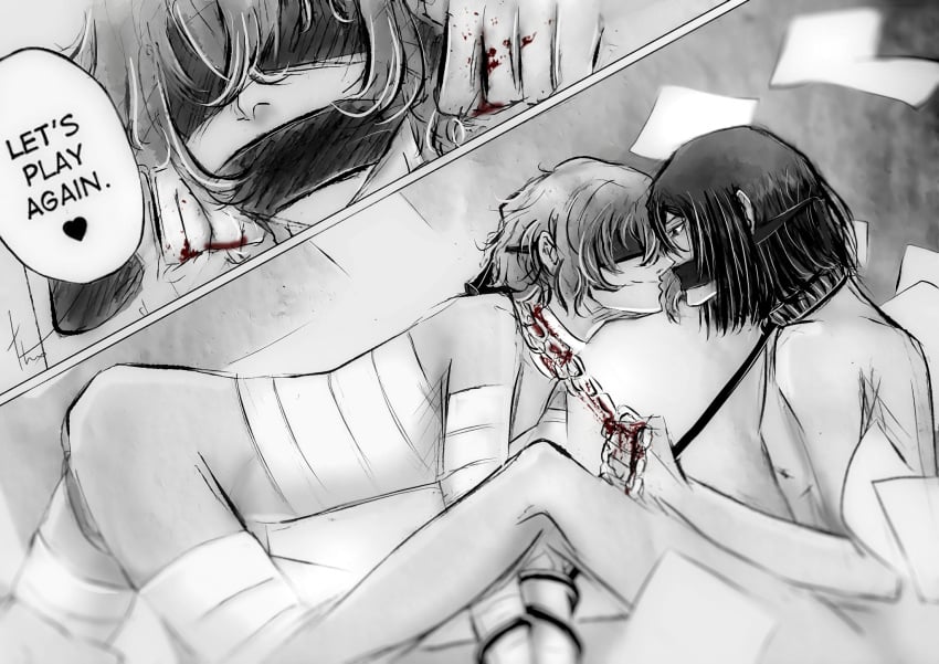 2boys a4th bandage bandaged_arm bandaged_arms bandaged_chest bandaged_leg bandaged_thigh bandages black_hair blood blood_stain bound bound_together brown_hair bsd bungo_stray_dogs bungou_stray_dogs chain chain_leash chained chained_collar chains comic comic_panel crawling dark_hair dazai_osamu dialogue duo duo_focus duo_male fyodor_dostoevsky fyozai gag gagged gay grayscale greyscale leash leash_around_arm leash_pull male male/male male_focus male_only males_only malesub osamu_dazai shared_gag smirk smirking_at_partner submissive submissive_male yaoi