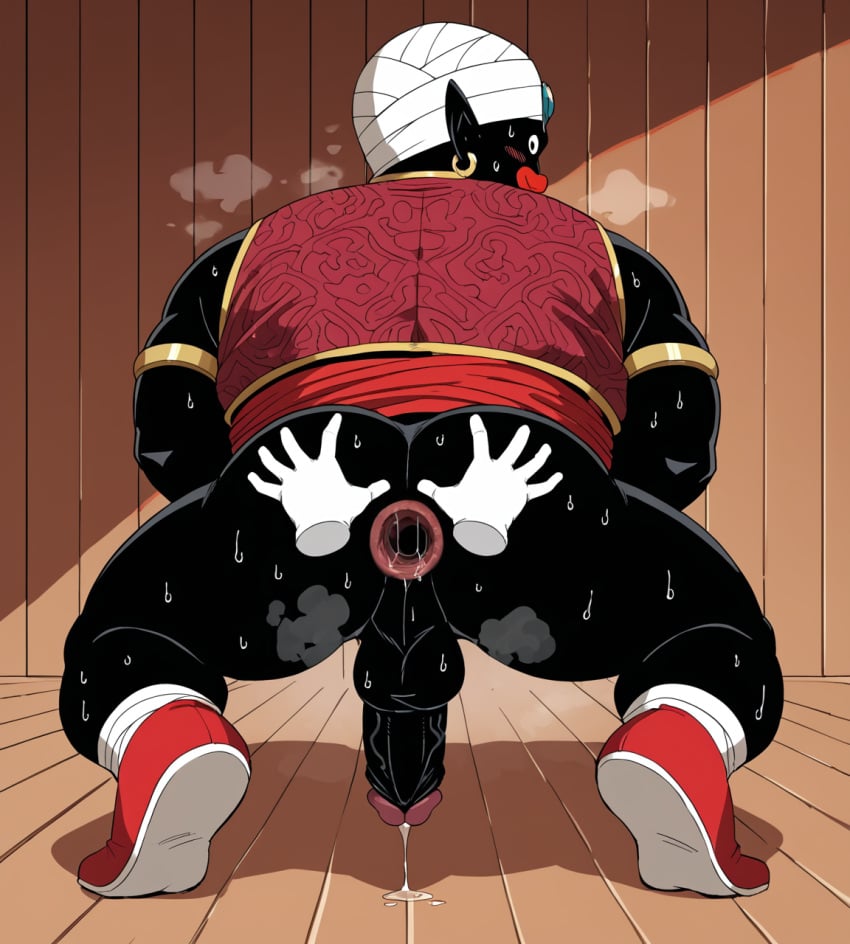 ai_generated anal_gape anus ass balls big_ass black_body black_skin bottomless disembodied_hand disembodied_hands dragon_ball gape gaping gaping_anus hands_on_ass looking_back male mr_popo musk_clouds penis perineum precum precum_drip precum_string puffy_anus rear_view sauna solo squatting stable_diffusion steam sweat sweating sweaty